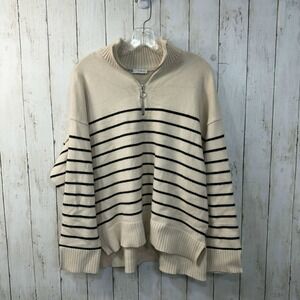 ZARA Women's Striped Half Zip Mock Neck Sweater Ivory Navy Oversized Size L